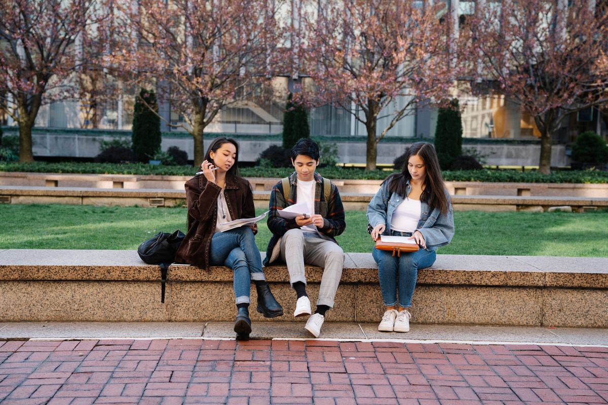 Students studying together on a campus bench